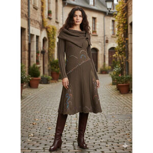 Y2K Midi embroidered sweater dress Ruffle Whimsy goth Lagenlook Art Brown Sz S/M